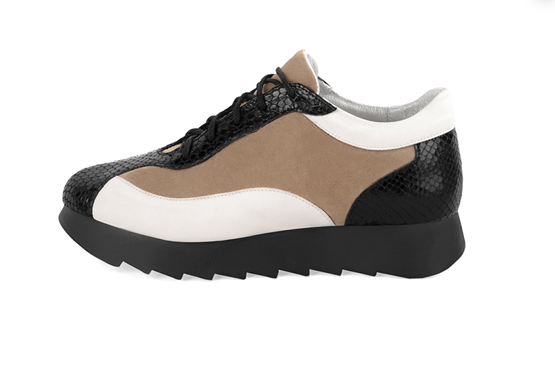 Satin black, biscuit beige and off white women's elegant sneakers. Round toe. Low rubber soles. Profile view - Florence KOOIJMAN
